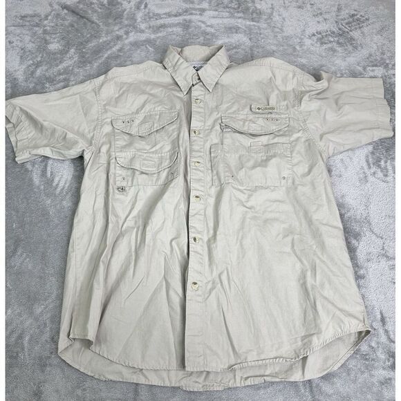 Columbia PFG Short Sleeve Button Down Shirt Men's Size Medium Beige - Picture 1 of 11